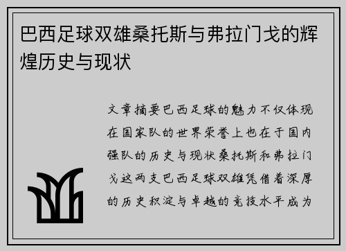 巴西足球双雄桑托斯与弗拉门戈的辉煌历史与现状